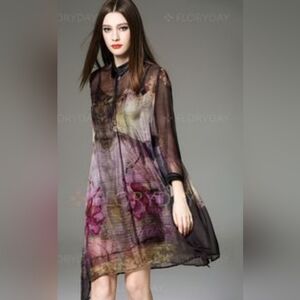 Artistic 100% Silk Asymetrical Floral Button Front Tunic Top/ Dress Size M